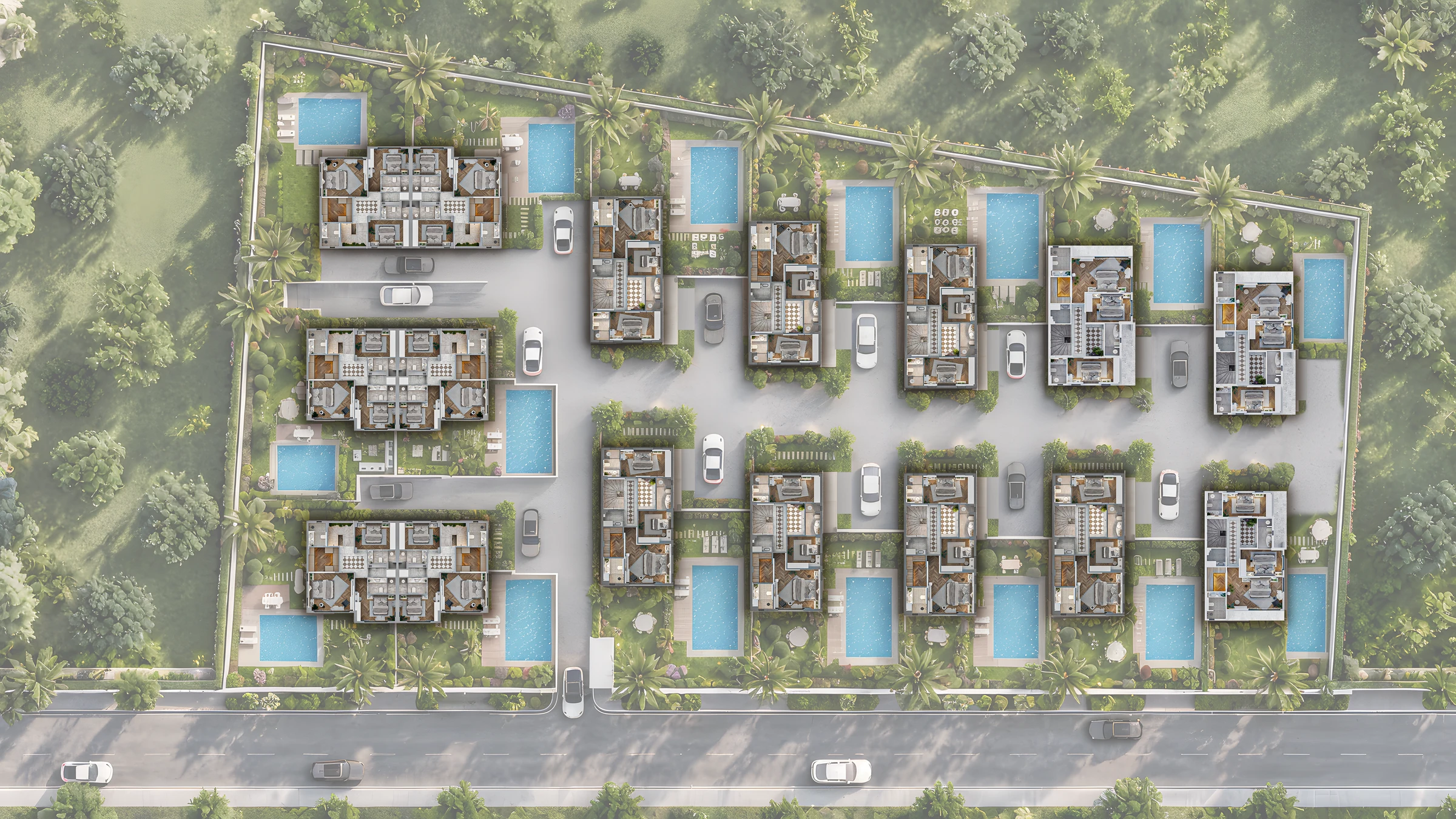 16 villalık proje yerleşimi; numaralı düğmelerden villa seçebilirsiniz