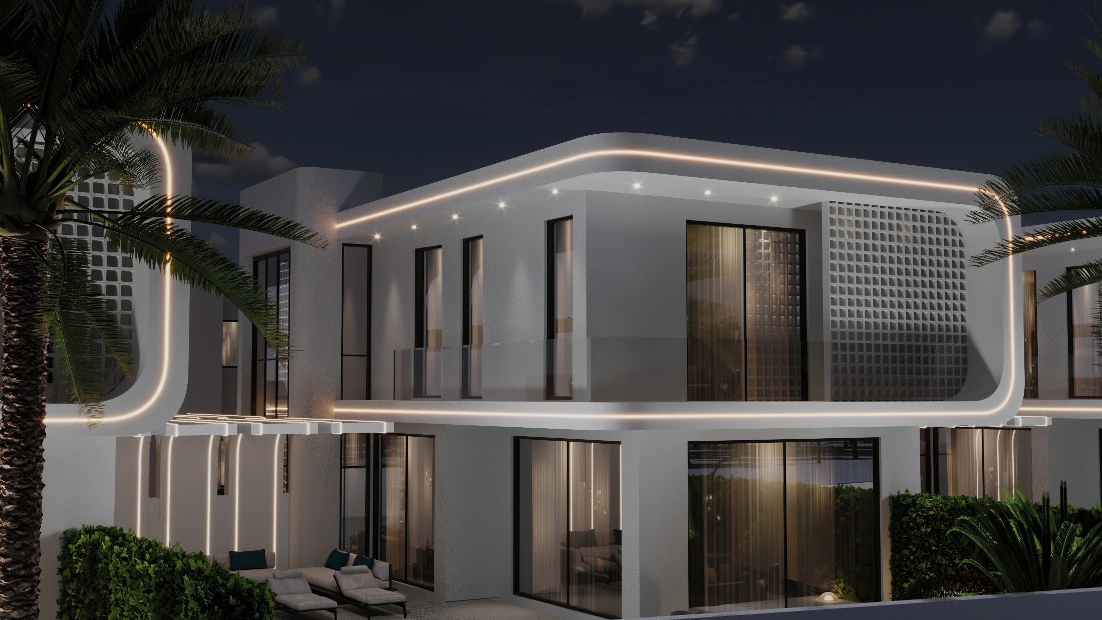 AYKAR villa konseptinin akşam ışığında bahçe cephesi