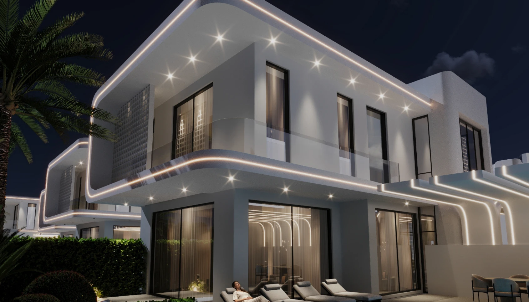Akşam aydınlatmasıyla villa ve havuz konsepti